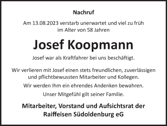 Anzeige von Josef Koopmann von OM-Medien