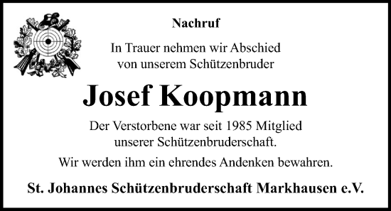 Anzeige von Josef Koopmann von OM-Medien