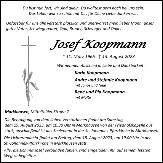 Anzeige von Josef Koopmann von OM-Medien