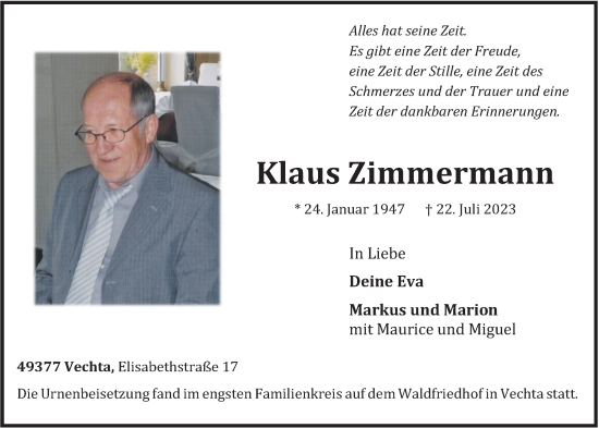 Anzeige von Klaus Zimmermann von OM-Medien