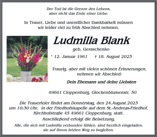 Anzeige von Ludmilla Blank von OM-Medien