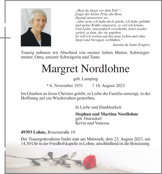 Anzeige von Margret Nordlohne von OM-Medien