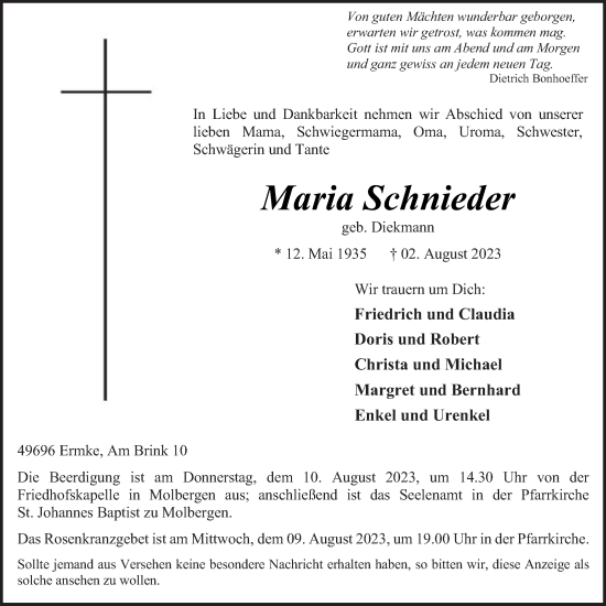 Anzeige von Maria Schnieder von OM-Medien