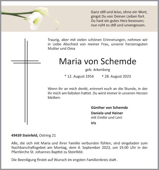 Anzeige von Maria von Schemde von OM-Medien