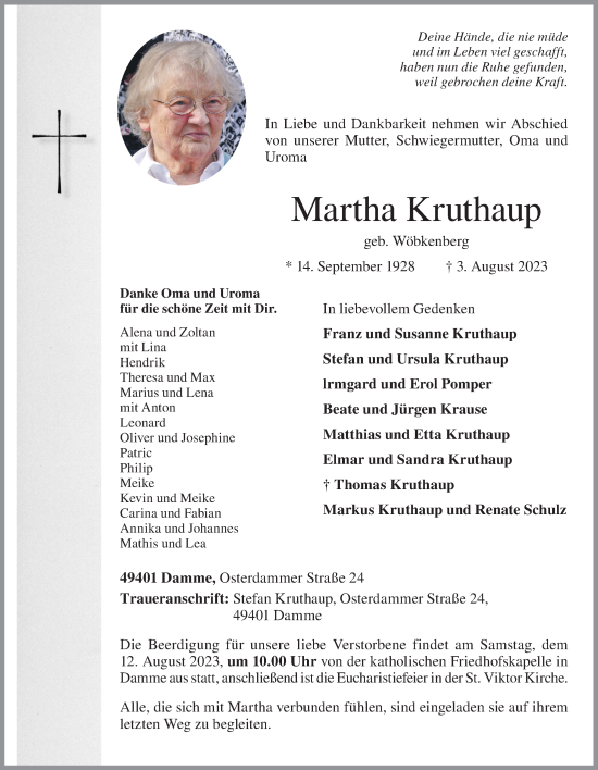 Anzeige von Martha Kruthaup von OM-Medien