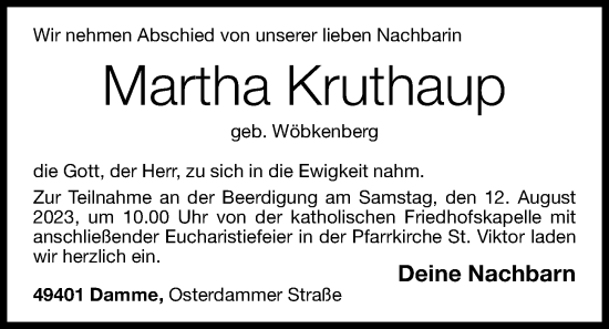 Anzeige von Martha Kruthaup von OM-Medien
