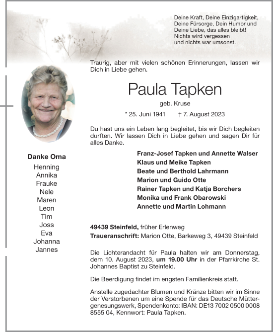 Anzeige von Paula Tapken von OM-Medien