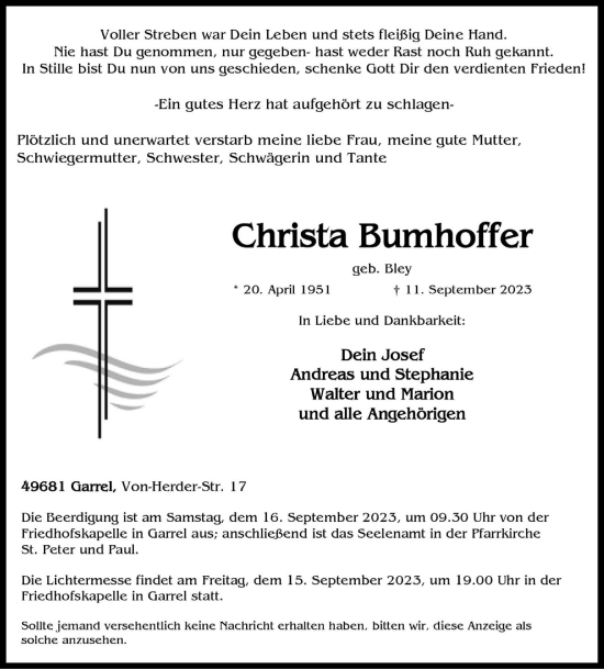Anzeige von Christa Bumhoffer von OM-Medien