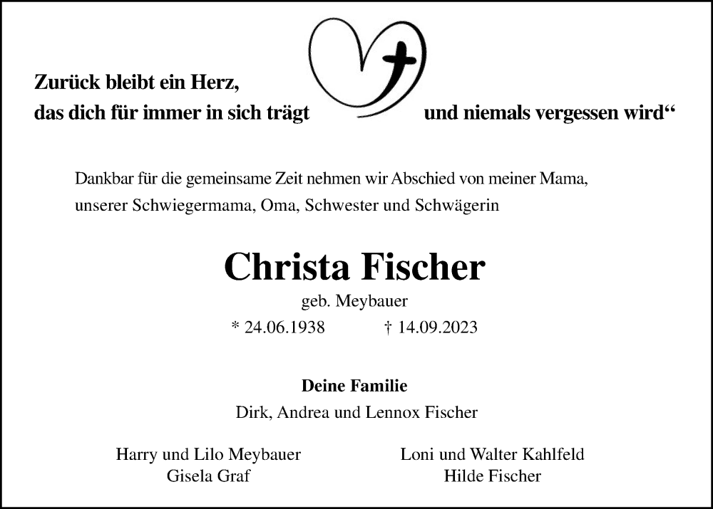  Traueranzeige für Christa Fischer vom 16.09.2023 aus OM-Medien