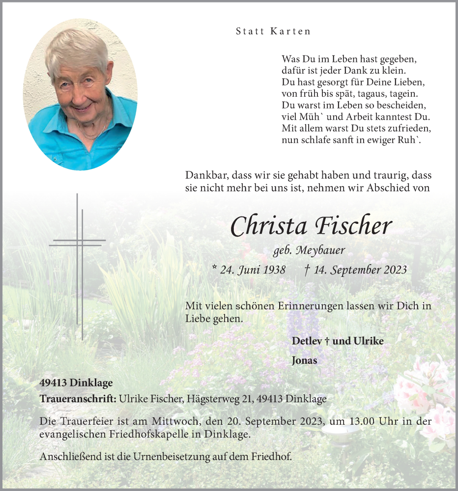  Traueranzeige für Christa Fischer vom 16.09.2023 aus OM-Medien