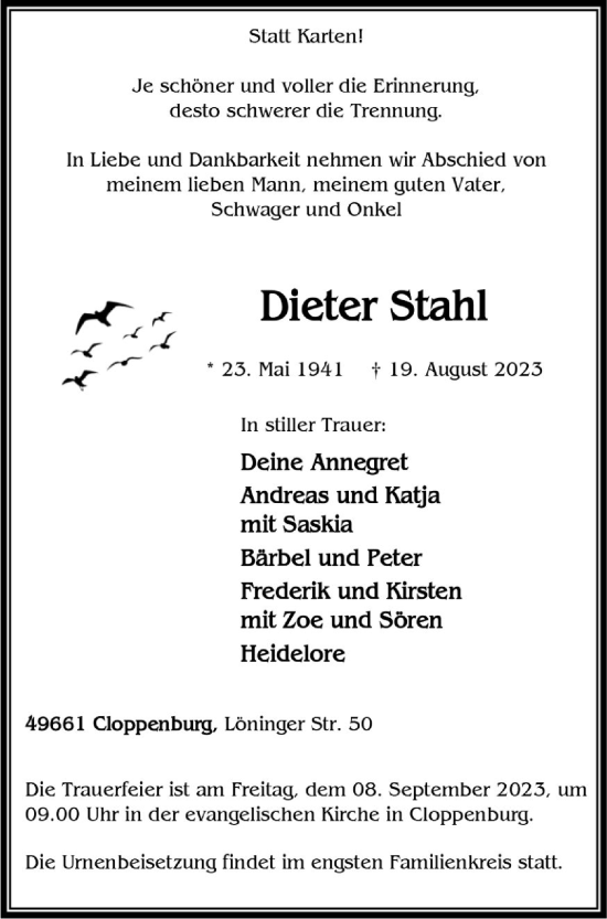 Anzeige von Dieter Stahl von OM-Medien