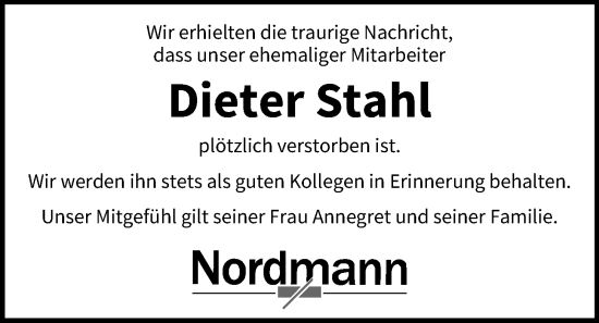 Anzeige von Dieter Stahl von OM-Medien