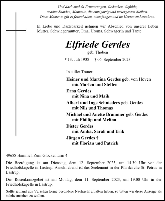 Anzeige von Elfriede Gerdes von OM-Medien