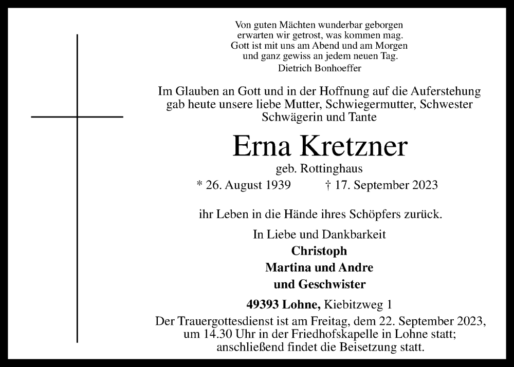  Traueranzeige für Erna Kretzner vom 19.09.2023 aus OM-Medien