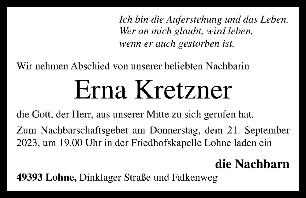  Traueranzeige für Erna Kretzner vom 20.09.2023 aus OM-Medien