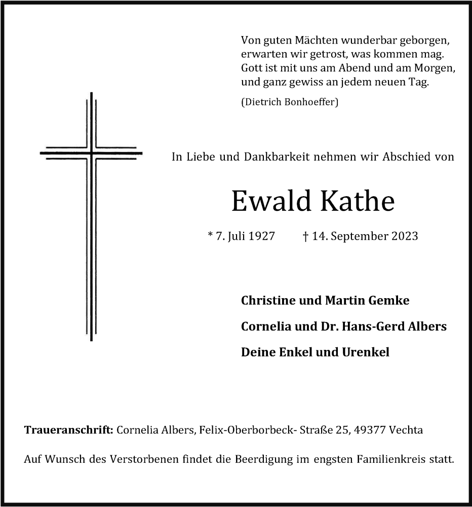  Traueranzeige für Ewald Kathe vom 16.09.2023 aus OM-Medien