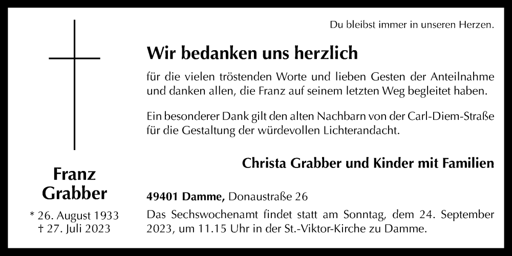  Traueranzeige für Franz Grabber vom 19.09.2023 aus OM-Medien