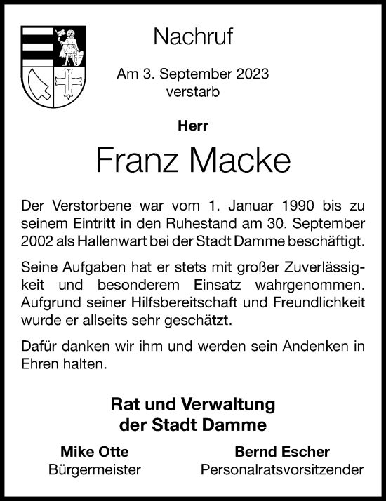 Anzeige von Franz Macke von OM-Medien