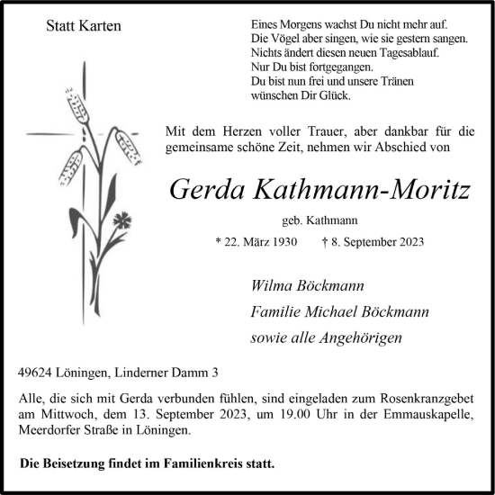 Anzeige von Gerda Kathmann-Moritz von OM-Medien