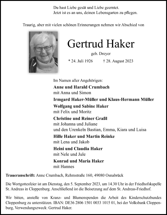 Anzeige von Gertrud Haker von OM-Medien