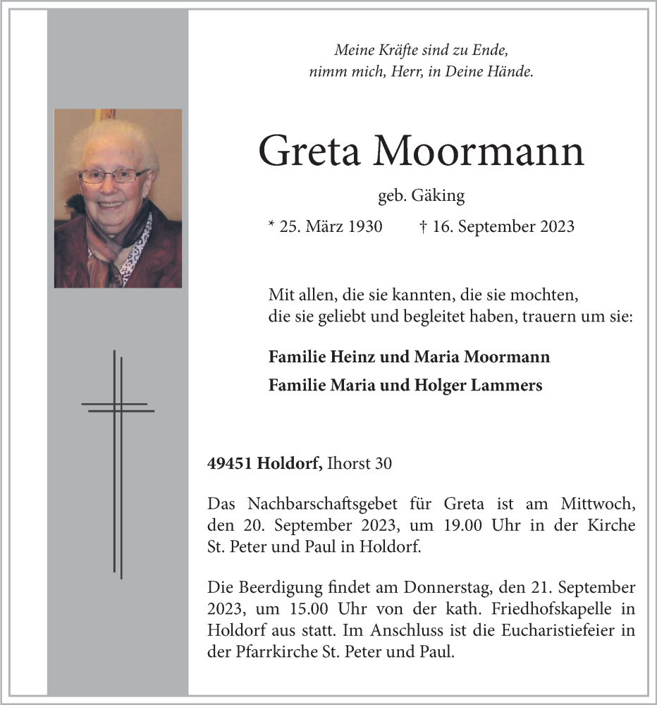  Traueranzeige für Greta Moormann vom 19.09.2023 aus OM-Medien
