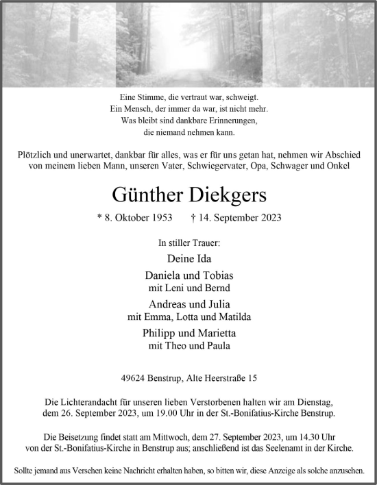 Anzeige von Günther Diekgers von OM-Medien