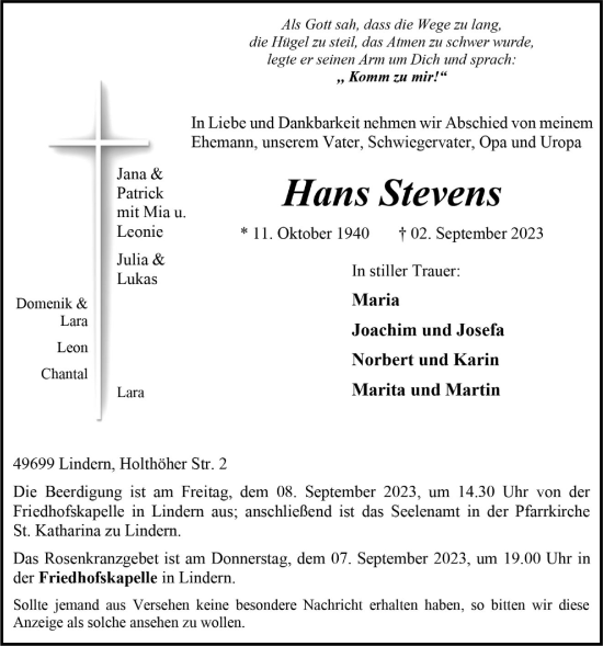 Anzeige von Hans Stevens von OM-Medien