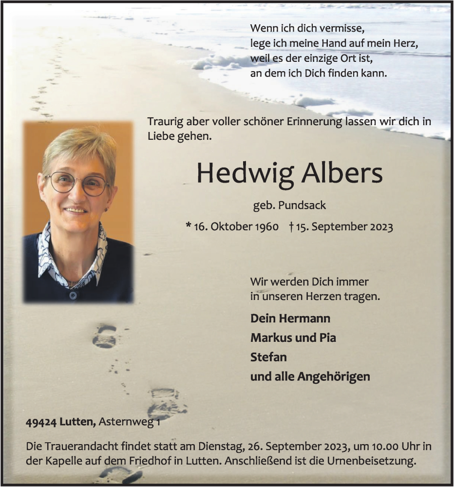  Traueranzeige für Hedwig Albers vom 19.09.2023 aus OM-Medien