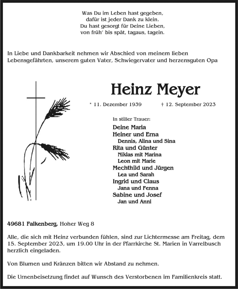  Traueranzeige für Heinz Meyer vom 14.09.2023 aus OM-Medien