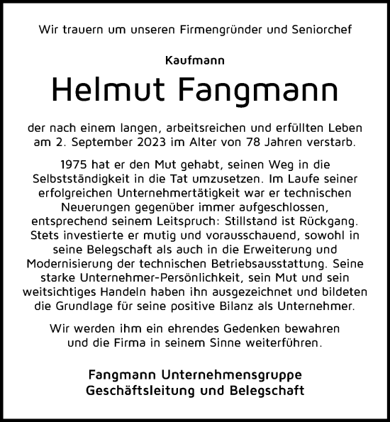 Anzeige von Helmut Fangmann von OM-Medien
