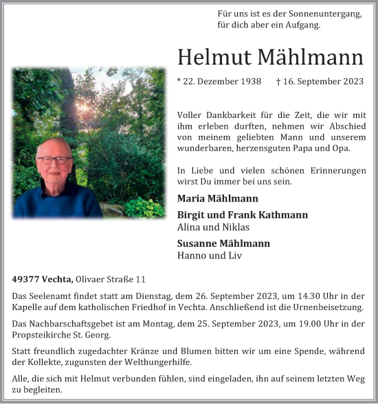 Anzeige von Helmut Mählmann von OM-Medien