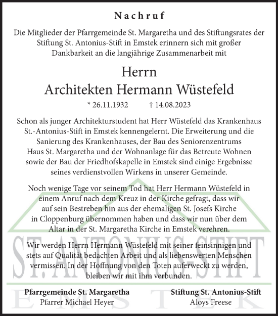 Anzeige von Hermann Wüstefeld von OM-Medien