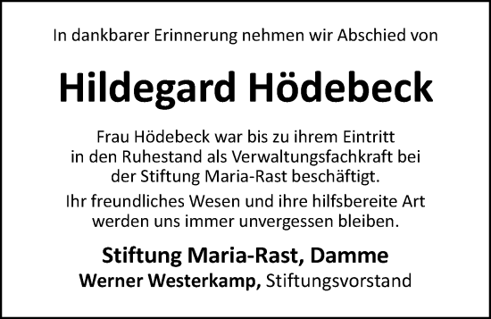 Anzeige von Hildegard Hödebeck von OM-Medien