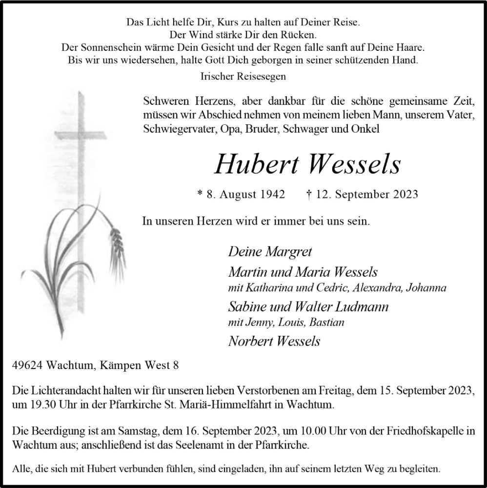  Traueranzeige für Hubert Wessels vom 14.09.2023 aus OM-Medien