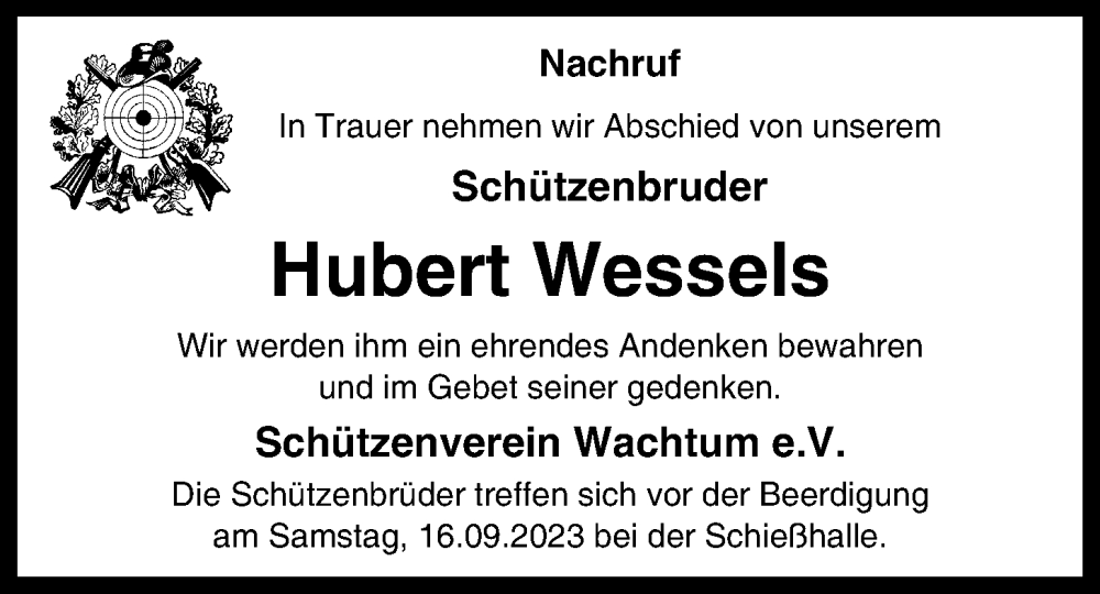  Traueranzeige für Hubert Wessels vom 15.09.2023 aus OM-Medien