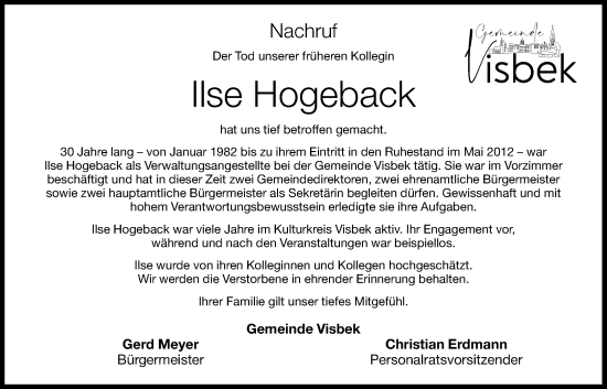 Anzeige von Ilse Hogeback von OM-Medien
