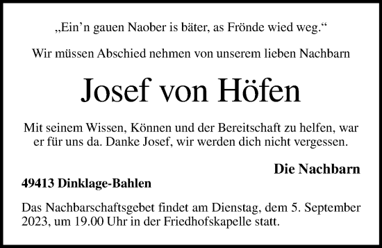 Anzeige von Josef von Höfen von OM-Medien