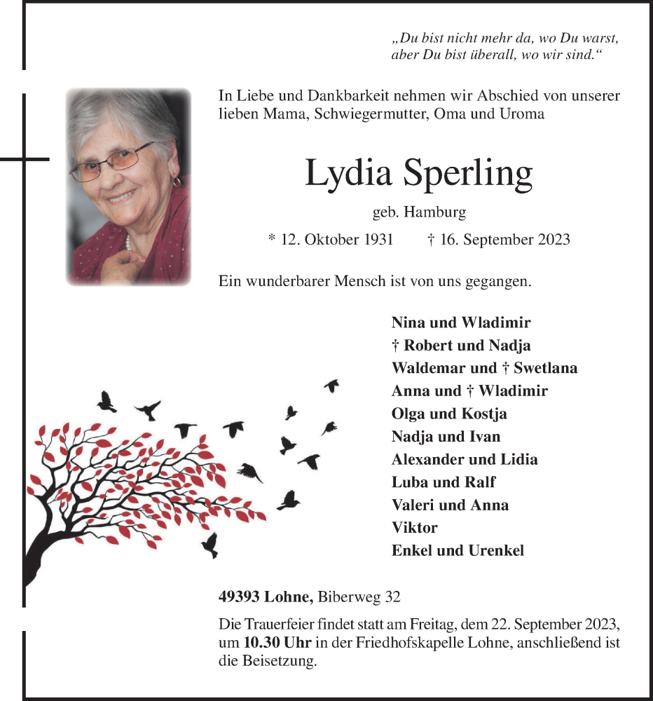  Traueranzeige für Lydia Sperling vom 19.09.2023 aus OM-Medien