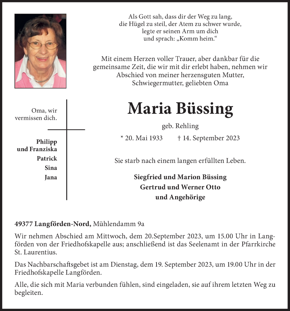  Traueranzeige für Maria Büssing vom 16.09.2023 aus OM-Medien