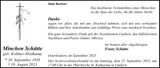 Anzeige von Minchen Schütt von OM-Medien