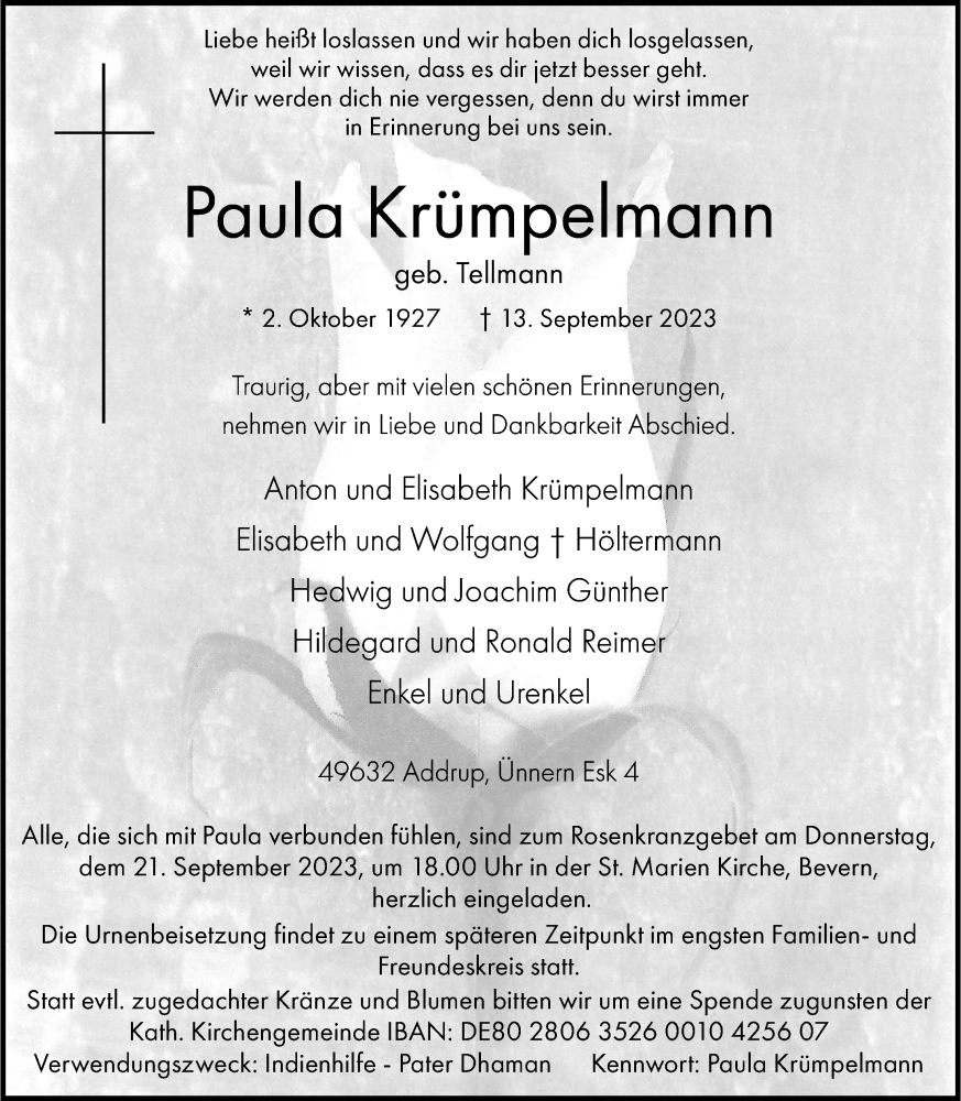  Traueranzeige für Paula Krümpelmann vom 16.09.2023 aus OM-Medien