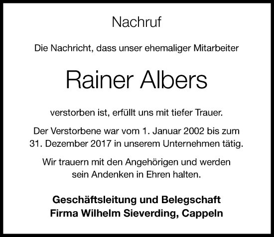 Anzeige von Rainer Albers von OM-Medien