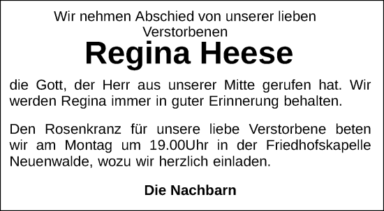 Anzeige von Regina Heese von OM-Medien