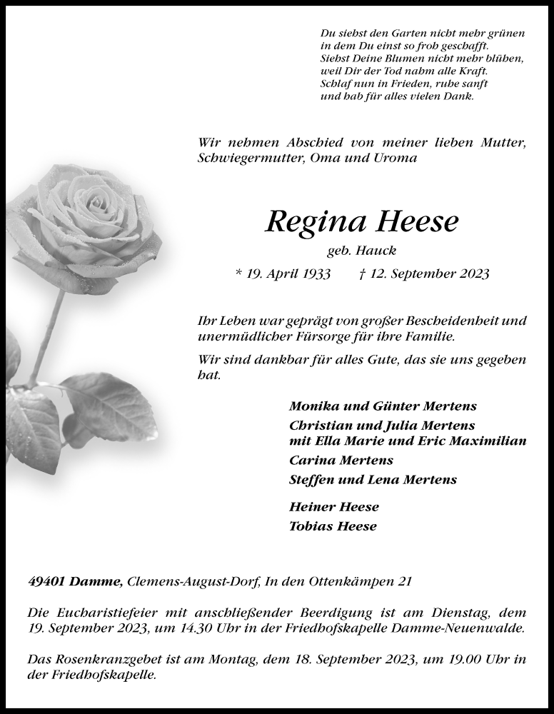  Traueranzeige für Regina Heese vom 15.09.2023 aus OM-Medien