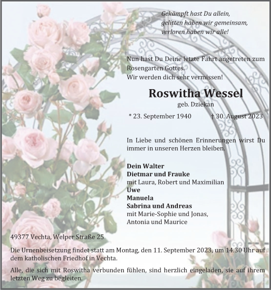 Anzeige von Roswitha Wessel von OM-Medien