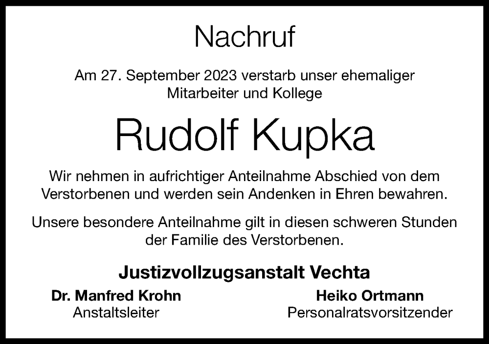  Traueranzeige für Rudolf Kupka vom 20.09.2023 aus OM-Medien