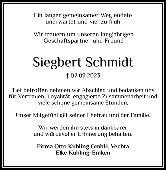 Anzeige von Siegbert Schmidt von OM-Medien