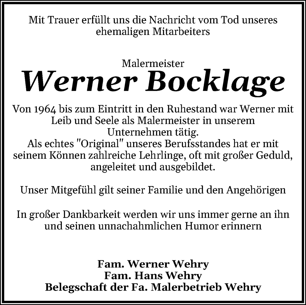  Traueranzeige für Werner Bocklage vom 19.09.2023 aus OM-Medien