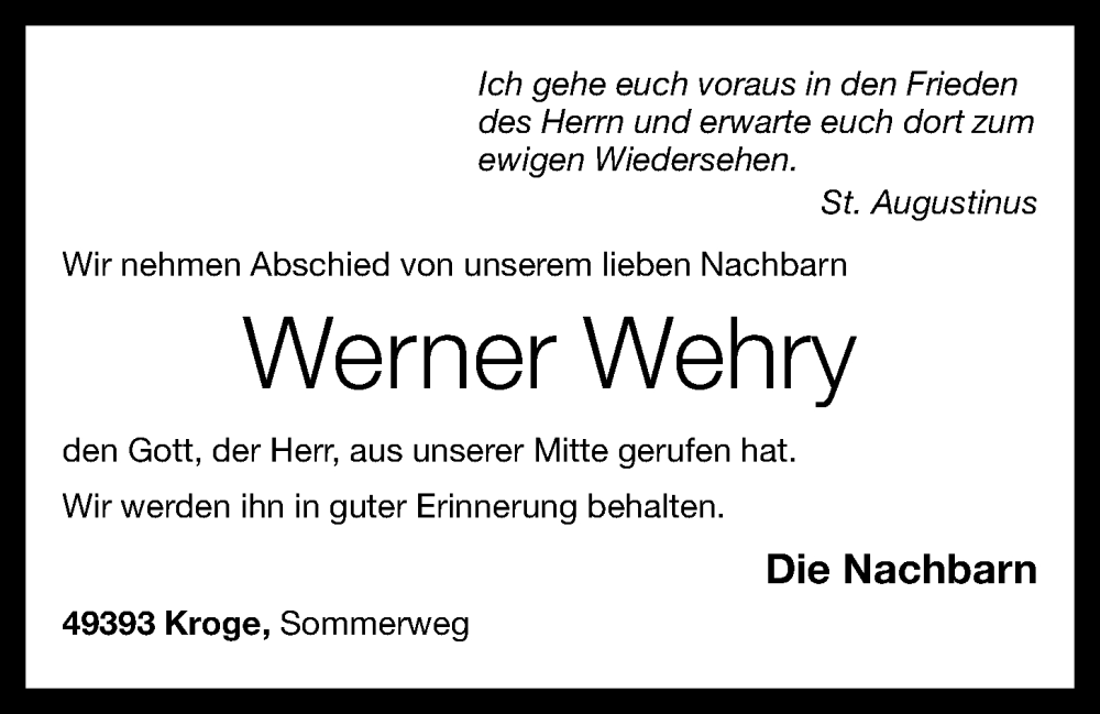  Traueranzeige für Werner Wehry vom 16.09.2023 aus OM-Medien