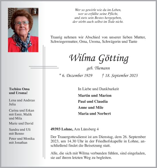 Anzeige von Wilma Götting von OM-Medien